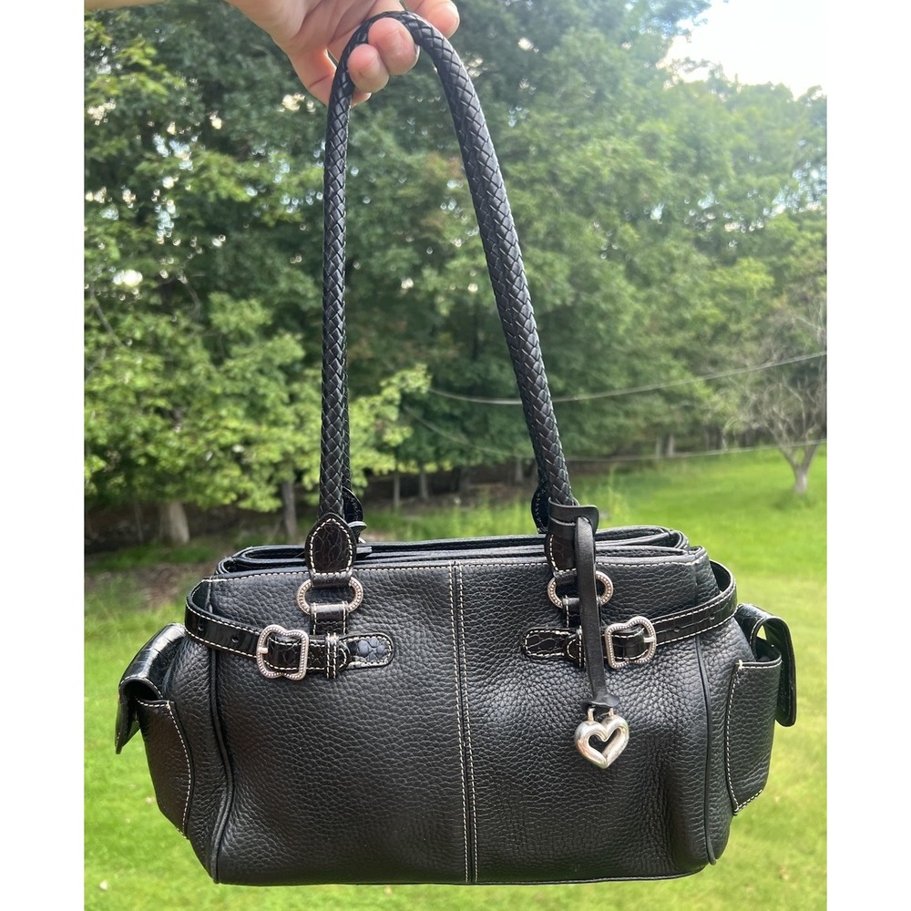Brighton Black Leather Satchel Handbag Croc Trim Heart Charm Braided Handles